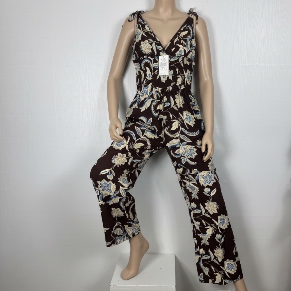 Patrons of Peace Brown Floral‎ Wide Leg Jumpsuit Tie Shoulder Smocked Waist Sz M